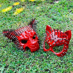 Steampunk RED Spike Wolf with Red Sexy Cat Halloween Costume Party Couple Mask